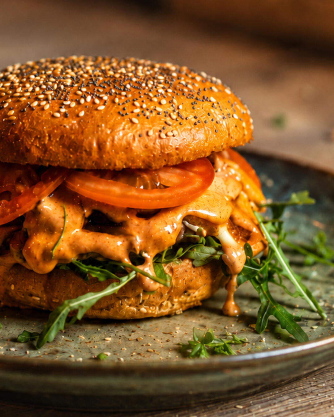 Fotografia food realizzata da Vertical District per New Dream Pub: hamburger gourmet con pomodoro, rucola e salsa, utilizzata nella comunicazione social del locale.